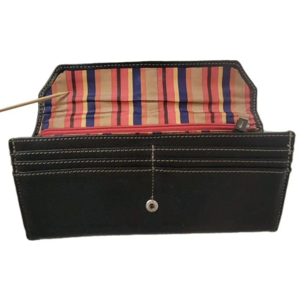 Vintage Black Leather Wallet with Snap Closure & Striped Lining